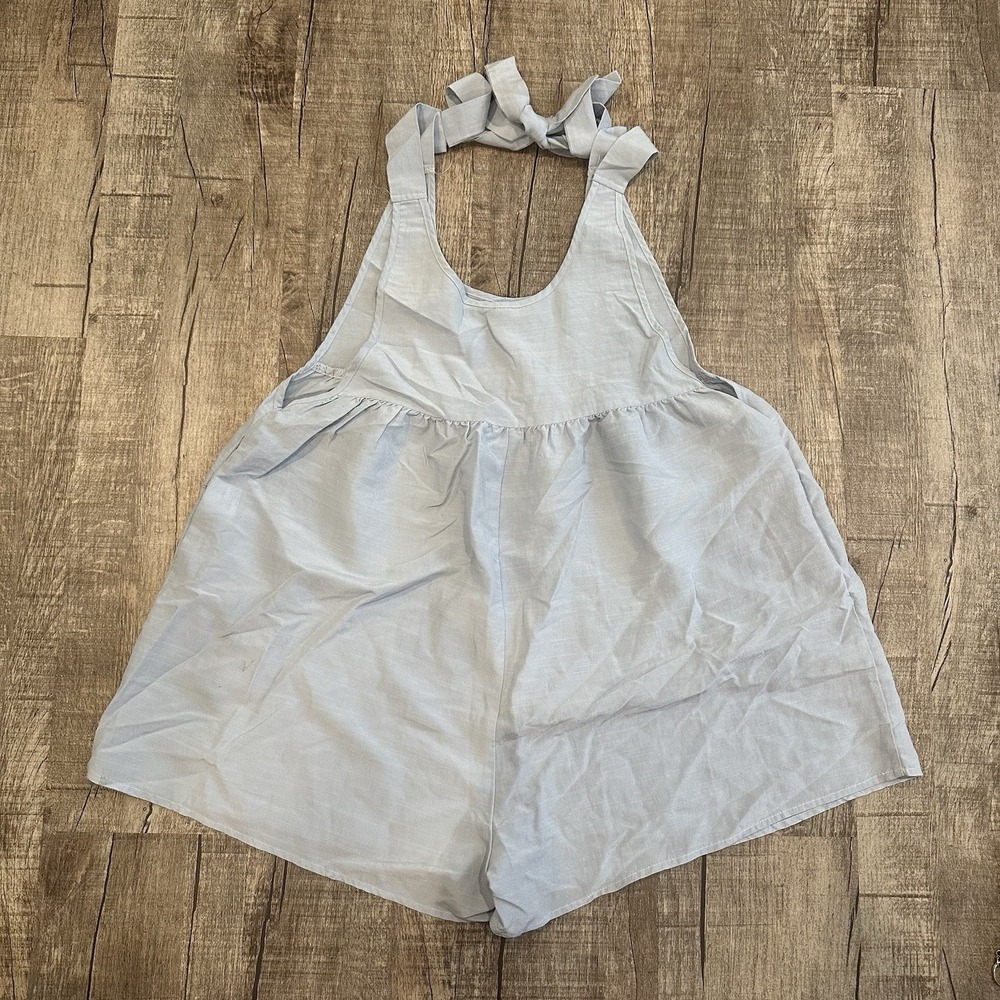 Shein Baby Blue Tie Strap Romper Women's Small Pockets Summer Wide Leg‎
